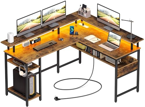 Rolanstar Gaming Schreibtisch L Form mit LED & Steckdosen, Gaming Tisch mit Monitorständer & Ablagefläche, Eckschreibtisch mit 2 Haken, Reversibler Computertisch Groß für Büro(Vintage 137 x 108cm)
