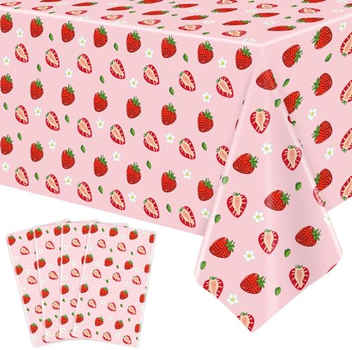 TJYJOY 4 Pack rosa Erdbeer-Tischdecke Erdbeer-Tischdecke Erdbeer-Party-Tischdecke Erdbeer-Tischdecken Erdbeer-Geburtstags-Party-Tischdecke für Sommer Strand Pool Party Supply 51 x 86 Zoll