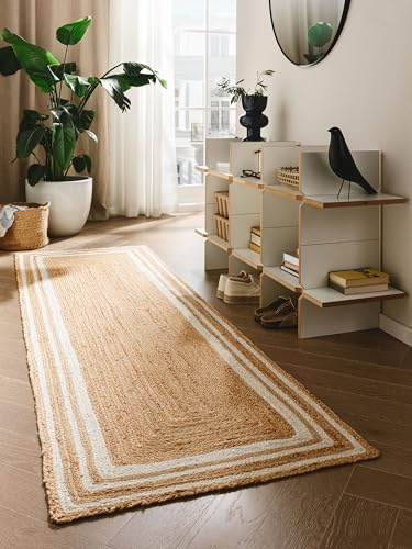 benuta Tapis en jute pure Jutta - Blanc - 80 x 250 cm - Tapis de salon tissé à la main - Design bohème naturel - Convient pour chauffage au sol