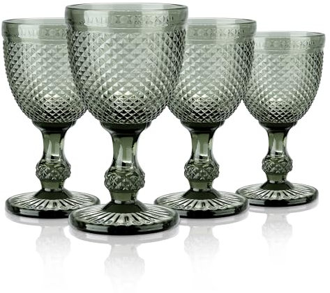 Joeyan 270ml Verres à Vin Vintage Gris de Avec Relief en Diamant, Colorés Ensemble de Gobelets à Vin pour Boissons au Jus de Vin, Lot de 4 Verres à Boire Rétro Avec Pied, Passent au Lave-Vaisselle