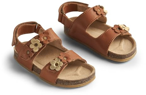 Wheat unisex barn tåfri korksandal Clara med blommor äkta läder lära-gå-sko, 9002 konjak, 30 EU