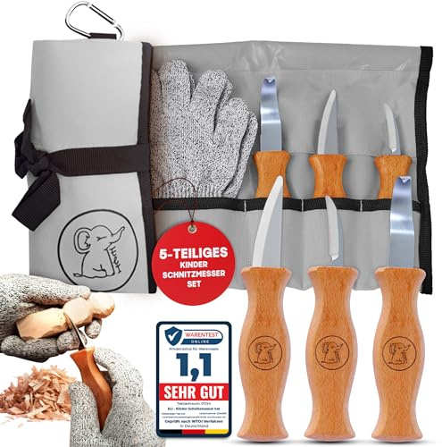 Eli® Schnitzmesser Kinder Set ab 6 Jahre inkl. schnittfester Handschuhe | hochwertiges 5-teiliges Kindermesser Schnitzset - Kinderschnitzmesser - Schnitzwerkzeug - Taschenmesser - schnitzen Geschenk