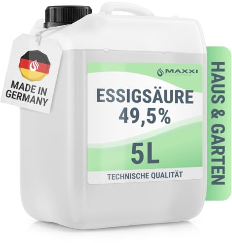 MAXXI CLEAN | 5 l Essigsäure 49,5% | Ideal als Reiniger und Entkalker | Für Haus und Garten | Essigsäure in Premium Qualität – Made in Germany