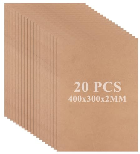 CYEER 20 Pcs MDF Board 2mm, MDF Blank Sheets for Crafts, Medium Density Fiberboard Hardboard Sheets Safe for Painting Modelling Fretwork, 400x300x2MM