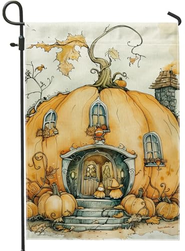 Drapeau de jardin d'Halloween en forme de citrouille d'automne, citrouille orange et nain de maison, drapeau de cour double face en toile de jute, décoration de pelouse extérieure d'automne 30,5 x