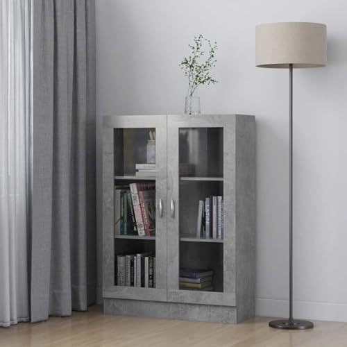 Gecheer Vitrinenschrank Glasvitrine Bücherschrank Aktenschrank Büroschrank Vitrine Schrank Bücherregal Standvitrine Vitrinenschränke für Wohnzimmer Büro Esszimmer,Betongrau 82,5x30,5x115 cm