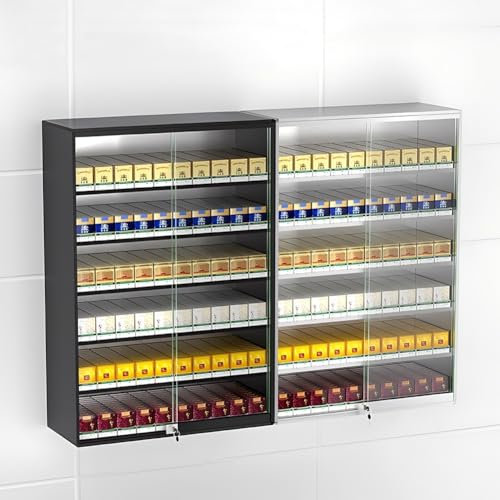 Cigarette Display Case, Aluminum Alloy Tempered Glass Door Cigarette Cabinet with Safety Lock, Wall Mounted Cigarette Rack, with Automatic Cigarette Pusher, for Market Store Retail(Black,22.