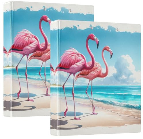 Dekorativer niedlicher Ordner mit 3 Ringen, 3,8 cm, für 200 Blatt, vielseitige Ordner für Arbeit, Schule, Büro, Aquarell, Rosa, Flamingos, Blaugrün, Strand, 2 Stück