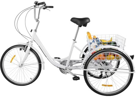 Susoso 24 Zoll Dreirad, Erwachsenendreirad Fahrrad mit V-Typ-Vorderradbremse und Zahnscheibe Damenfahrrad mit Korb für Erwachsene Weiß