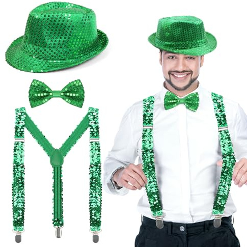 3 Pezzi Accessori per Travestimento Paillettes Lucide, Bretelle Glitter Papillon, Papillon Paillettes Uomo, Papillon Glitter Cappello con Paillettes, Paillettes Set Accessori per Carnevale Feste, Jazz