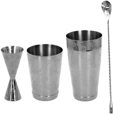 GRCFUMO Juego de coctelera profesional de 4 piezas con coctelera Boston, taza de onzas y cuchara mezcladora, juego de colador de cóctel con estampado vintage de acero inoxidable (Tipo 2)
