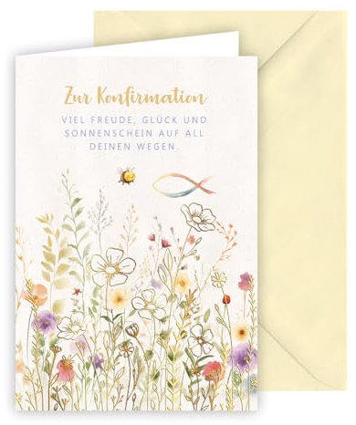 KE - Stilvolle Karte zur Konfirmation, Glückwunschkarte, mit Umschlag, Vanille, Motiv: bunte Blumen, Biene, Fisch, goldprägung (Blumen), edler Strukturkarton, Format: B6