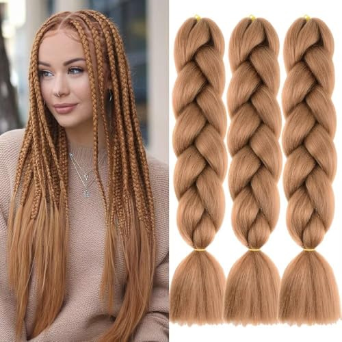 # 30 pelo sintético marrón para trenzar 24 pulgadas, 3 paquetes de extensiones de trenzas fáciles preestiradas para trenzar