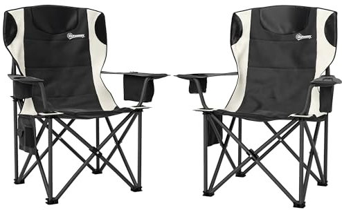 Outsunny Set of 2 Folding Camping Chairs, Padded Camping Chairs with Adjustable Armrests, Portable & Lightweight Folding Camp Chair with Cooler Bag, Cup Holder and Side Pockets, Black