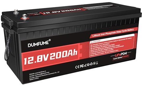 Dumfume 12V 200Ah Lithium LiFePO4 Batterie mit 200A BMS | 2560Wh 15000 Zyklen Solar Batterie - Leistungsstarker Energiespeicher für Solarstrom, Wohnmobil, Camping & Stromversorgung