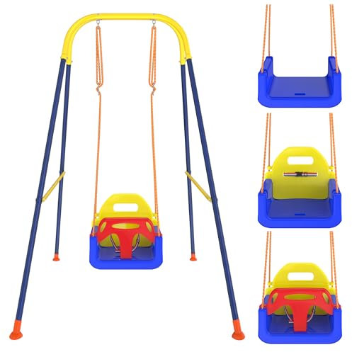 SUBTLETY 3 in 1 Kinderschaukel Outdoor Faltbare Schaukelgestell Schaukelsitz mit Rückenlehne, Anschnallgurt & Rutschfester Fußkappe Babyschaukel Belastbar bis 40KG für Kinder von 6 bis 36 Monaten
