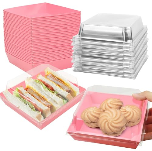 YKUKIZEE 50 PCS Pink Cake Slice Boxes with Clear Lids 12 CM, Oil-Proof Paper Charcuterie Boxes Individual, Square Food Containers Takeaway Box for Dessert Bakery Sandwich Cookies Macaron Cupcake
