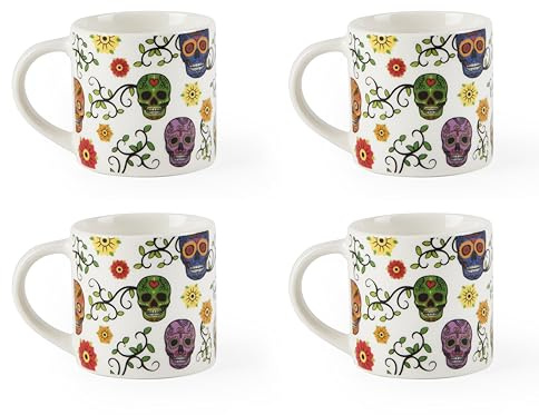 Excelsa Calavera Set 4 Tazze da Caffè in New Bone China, Decorazione Teschio Messicano e Fiori