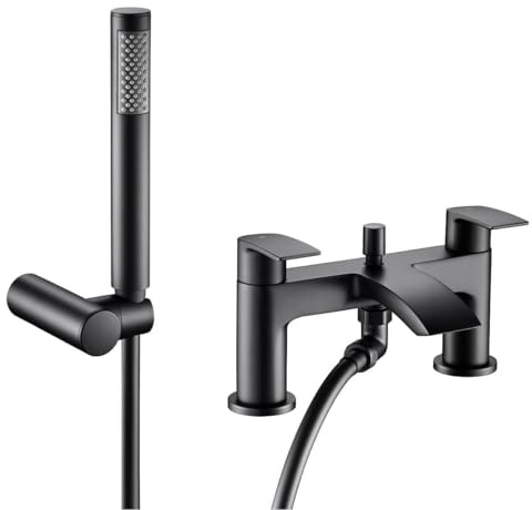 VeeBath Cascade Mitigeur bain/douche – Finition noire mate, entrée G3/4, double levier, mitigeur de baignoire monté sur le pont avec pomme de douche ronde, robinet de salle de bain moderne à double