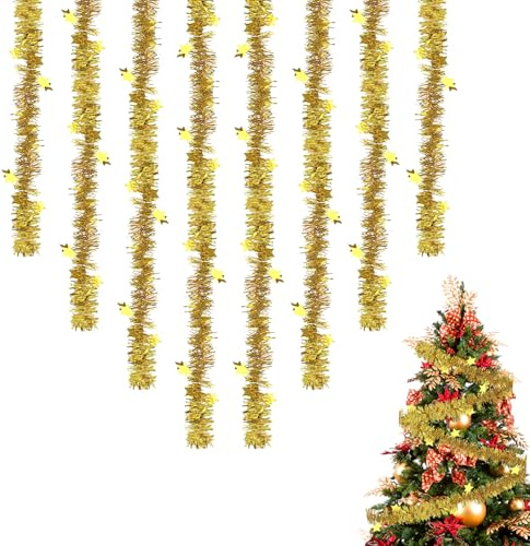 8 Stück Weihnachten Lametta Girlande, Christmas Garland, 2m Weihnachtsdeko Girlande mit Funkelnden Sternförmigen Pailletten, Weihnachtsgirlande Outdoor, Christbaum Dekoration fur Urlaub Party (Gold)