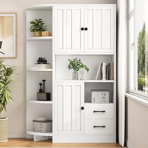 Armadio ad angolo, vetrina da soggiorno con 3 armadi + 2 cassetti, scaffalature per libri da soggiorno, armadi alti con un totale di 14 aree di stoccaggio, credenza, bianco, 104 x 35 x 155 cm