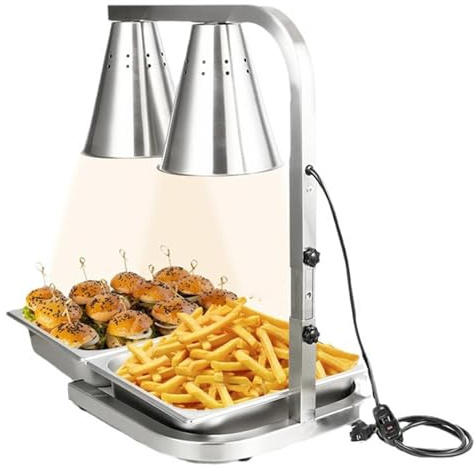 cendbirut Lampada di Calore per Alimenti, Lampada riscaldante Commerciale a infrarossi ad Altezza Regolabile, Lampada scaldavivande in Acciaio Inossidabile 110v per panetteria a Buffet,Two Head