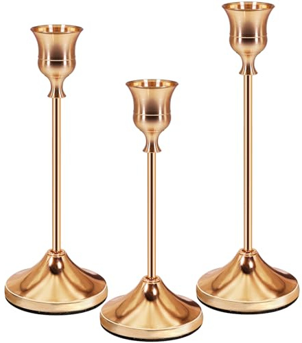 ANVINKU 3 Stück Roségold kerzenständer, Messing Metall Stabkerzenhalter, Vintage Taper Kerzenständer Stabkerzen, Kerzenhalter Hochzeit für Tisch, Kaminsims, Hochzeit, Weihnachtsfeier, Geschenk