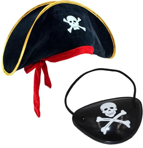 ENAESLOT Pirate Accessories,Pirates Hat and Pirate Eye Patch,Costume With Hat, Eye Patch, Hook Dress Up for Kids Cosplay,Halloween Pirates Captain Dress Up Hat Adult Kids for Party Cosplay