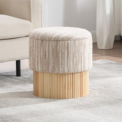 chairus Sitzhocker Rund Leinen Mit Stauraum 40×40×42cm Khaki Streifen | Leinen-Bezug mit Streifenmuster, runde Form, mit Stauraum, 40x40x42cm, Polsterhocker, Pouf, für Wohnzimmer, Flur
