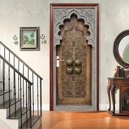 Door Sticker 30.31x78.74 Inch Ornamental Stone Arch Carved Wood Panel Middle Eastern Inspired Bedroom Hallway Living Room