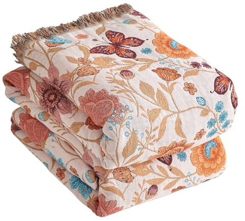 Bailix Premium Boho-överkast, 100 % bomull gosig filt med fransar, dubbelsidig muslin, boho-filt, 200 x 230 cm, gosig sofffilt och sängöverkast, sommarfilt för vardagsrum, vit/marinblå