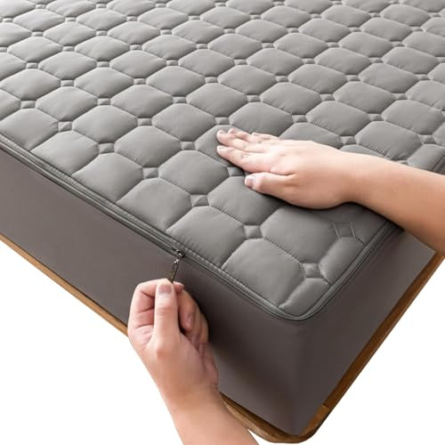 Housse de Matelas avec Fermeture éclair, Protège-Matelas Respirant Lavable Matelas Integral Matelassé Drap-Housses(Gris,90x190x15cm)