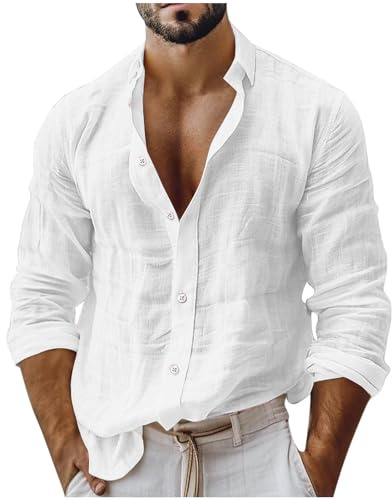 2026 Chemise en Lin Homme Manche Longue Boutonnée Henley Polos Shirt Chemises Coton et Lin Chemisette Hawaienne Hommes Legere et Respirante Mode Chemise T-Shirt Haut pour l'Été, Plage et Loisirs