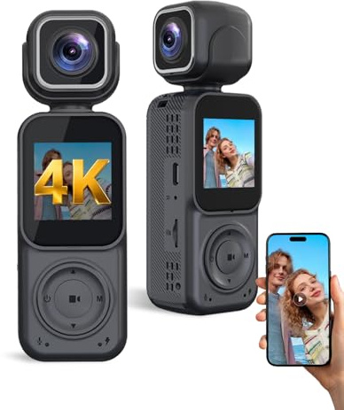 JLRKENG Mini videocamera tascabile 4K per vlogging, piccola action camera a mani libere con app per moto, ciclismo, immersioni subacquee