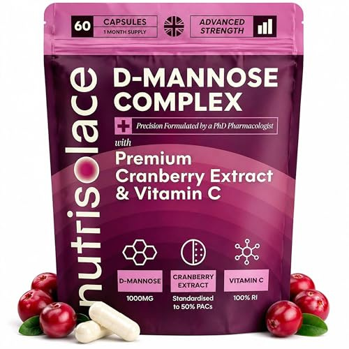 D Mannose and Cranberry Capsules 1000mg | UTI & Cystitis Support for Women | 60 D-Mannose Tablets with Cranberry Extract & Vitamin C | Bladder & Urinary Tract Health
