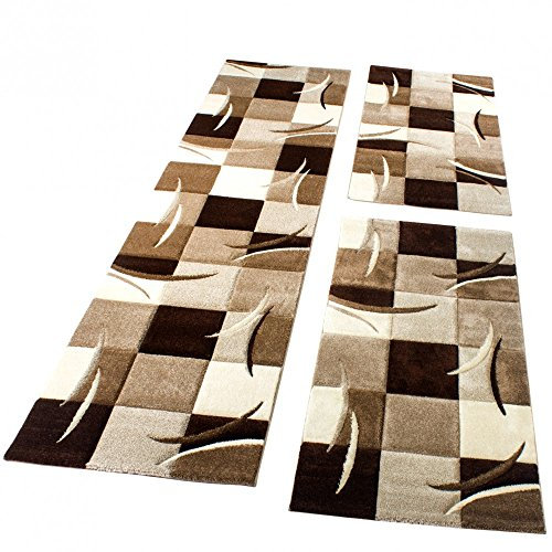 Paco Home Bettumrandung Läufer Teppich Modern Karo Braun Creme Beige Läuferset 3 TLG., Grösse:2mal 80x150 1mal 80x300