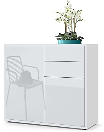 Vladon Sideboard Ben, Made in Germany, Kommode mit 2 Türen und 2 Schubladen, Weiß matt/Weiß Hochglanz (79 x 74 x 36 cm)