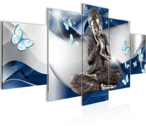 Runa Art - Bilder Buddha Feng Shui 200 x 100 cm 5 Teilig XXL Wanddekoration Design Grau Blau 505751a