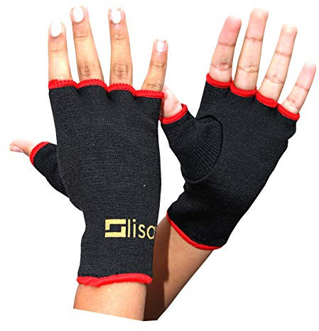 Lisaro Schlupfbandagen, Faustbandagen, elastische Innenhandschuhe für Boxhandschuhe, Innenhandschuh, Innenboxhandschuhe, Handbandagen, Boxbandagen, 1 Paar, schwarz/rot, Bandagen, Kickboxen (M)