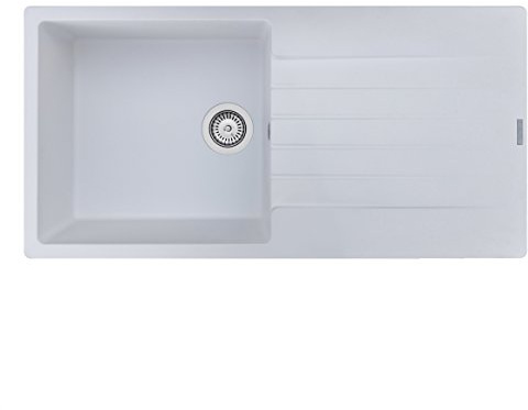 Reginox Harlem10 - Lavello da cucina singolo con scolapiatti, Lavabo Incasso, Lavabo Sottopiano, in granito bianco puro, moderno
