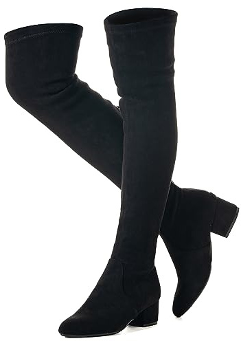Mtzyoa Over the Knee Boots for Women Black Size 10 Low Heel Block Thigh High Suede Long OTK Winter Pointed toe Stretch