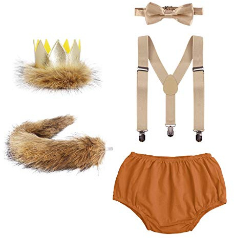 Baby Boys Girls 1st/2nd Birthday Cake Smash Photography Outits Lion Wild One Crown Fancy Dress Up Party Halloween Costume Diaper Cover Bowtie Suspenders Tail 5PCS Baby Shower Clothes Set Brown(5pcs)