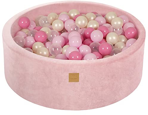 MEOWBABY Bällebad Baby - Rund 90x30cm Ballgruben für Kinder mit 200 Bälle, Samt, Puderrosa: Pastellrosa/Hellrosa/Transparent/Perlweiß