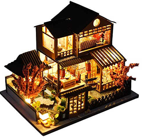 WDC Maison de poupée miniature en bois japonaise bord de mer, modèle 3D à faire soi-même, cadeau créatif pour amis et parents (villa de style japonais), 9,8 x 12,6 x 9,5 cm