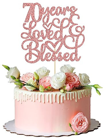 Gyufise 1Pc Rose Gold Glitter 70 Years Love and Blessed Cake Topper Cheers to 70 Years Happy 70th Cake Topper 70th Birthday Wedding Anniversary Party Decoration Suppliers