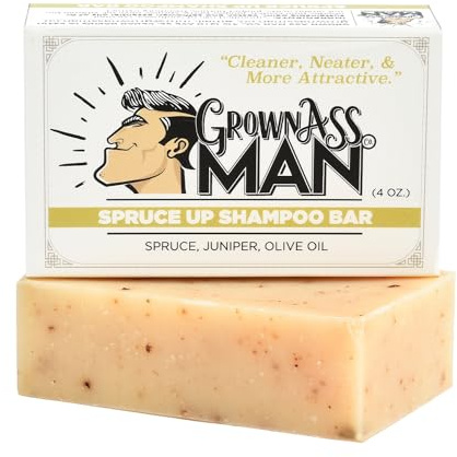 Grown Ass Man Co. - Solid Shampoo Bar Rich Lather 3 in 1: Hair, Beard & Body Wash - Plastic Free & Eco-Friendly, Natural & Organic for All Hair Types, 4oz Bar (Spruce Up, Single)