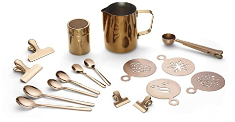 Echtwerk Coffee Accessories Set 23 Pieces Milk Foam Jug 600 ml Cocoa Shaker 4 x Espresso 4 x Cappuccino 4 x Latte Macchiato Spoons 4 x Coffee Clips 4 x Coffee Stencils Coffee Measuring Spoons Copper