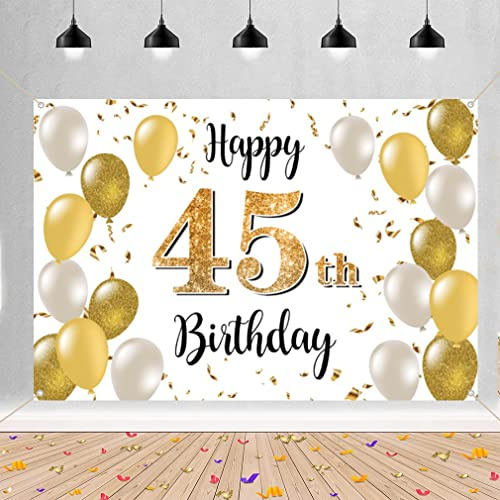 45. Geburtstag Deko für Männer/Damen, 45 Geburtstag Stoff Schild Plakat, 45. Jubiläumsparty Hintergrund Banner, Geburtstagsdeko Weiß und Gold, 1,5m