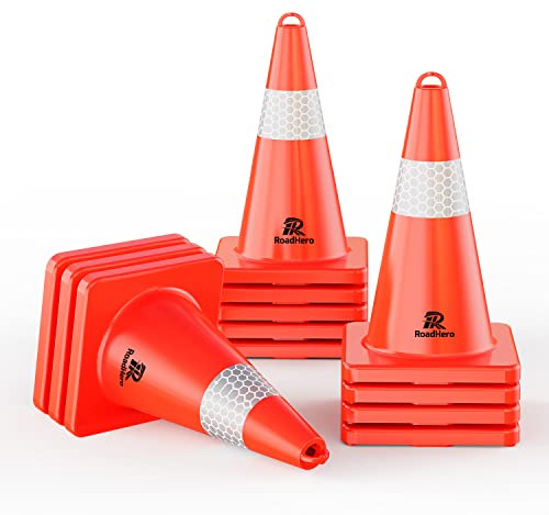 RoadHero Traffic Cones 18 Inch, 12 Pack Safety Cones with Handle, Orange Cones with Reflective Collar, Cones for Parking Lot, Sport and Driving Training, Road Safety, Construction Events