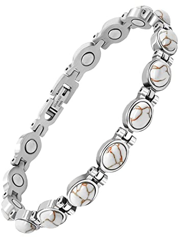 JEROOT Magnetarmband Weiß Naturstein Edelstein, Damen Magnetische Armbänder für Frauen Verschluss Edelstahl Armband Magnet Damen Magnetarmband Energetix 3500 Gauss Magnet